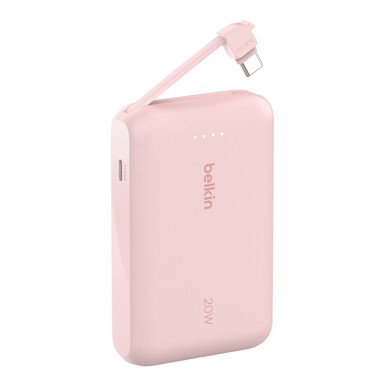 Belkin Powerbank 10 000 mAh, 20W, wbudowany kabel USB-C, różowy