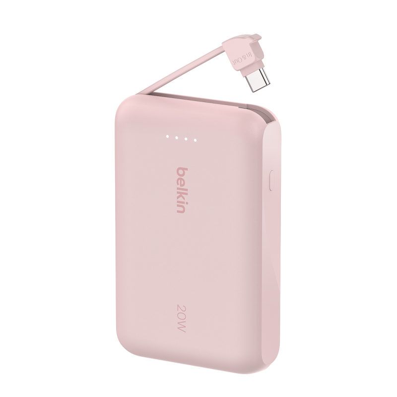 Belkin Powerbank 10 000 mAh, 20W, wbudowany kabel USB-C, różowy