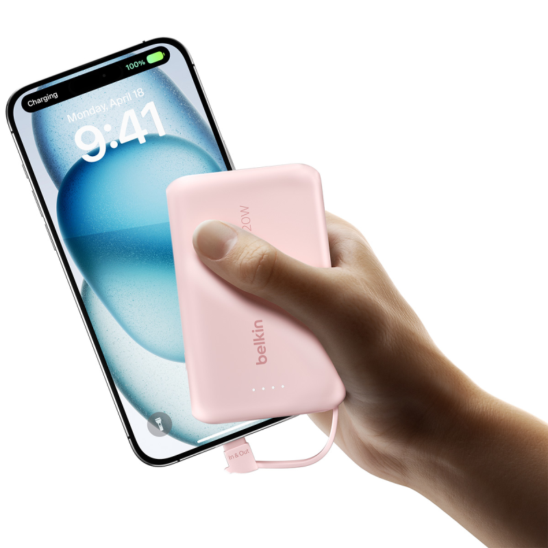 Belkin Powerbank 10 000 mAh, 20W, wbudowany kabel USB-C, różowy
