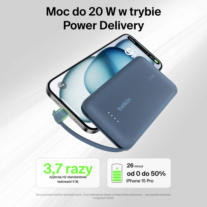 Belkin Powerbank 10 000 mAh, 20W, wbudowany kabel USB-C, niebieski