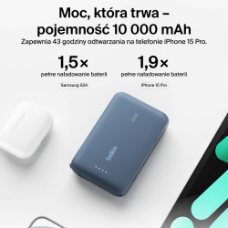 Belkin Powerbank 10 000 mAh, 20W, wbudowany kabel USB-C, niebieski