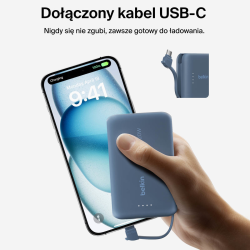 Belkin Powerbank 10 000 mAh, 20W, wbudowany kabel USB-C, niebieski