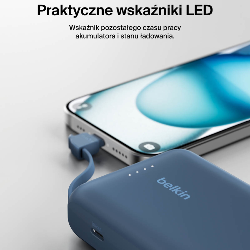 Belkin Powerbank 10 000 mAh, 20W, wbudowany kabel USB-C, niebieski