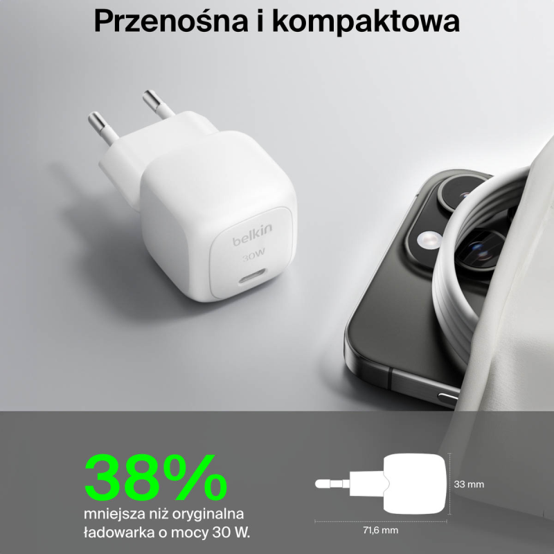Belkin Ładowarka USB-C PD 30W, mała, biała