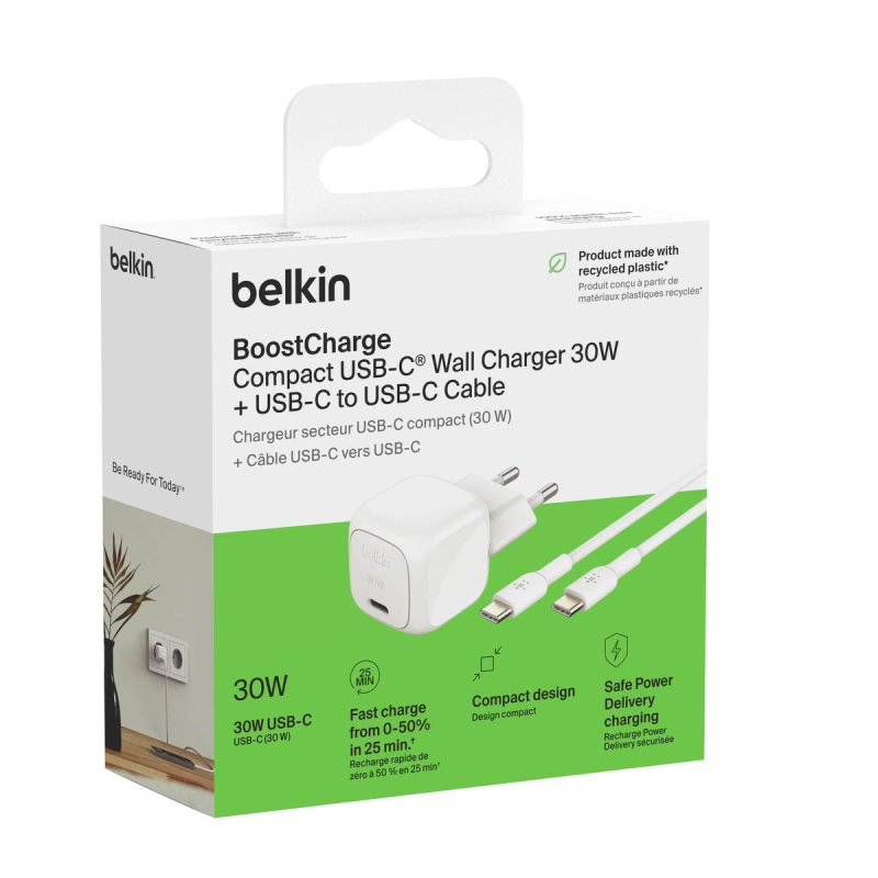 Belkin Ładowarka USB-C PD 30W, mała, biała + kabel USB-C