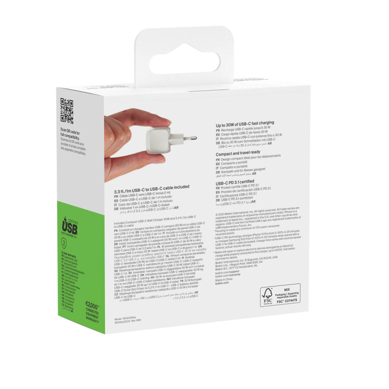 Belkin Ładowarka USB-C PD 30W, mała, biała + kabel USB-C
