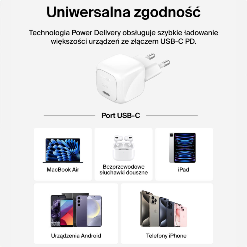 Belkin Ładowarka USB-C PD 30W, mała, biała + kabel USB-C