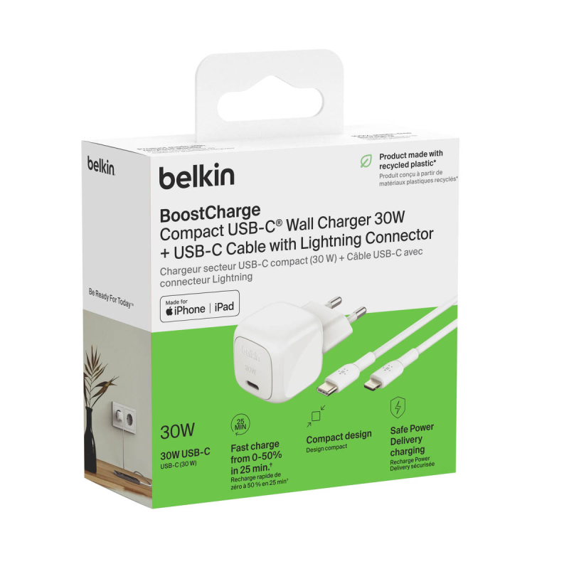 Belkin Ładowarka USB-C PD 30W, mała, biała + kabel Lightning