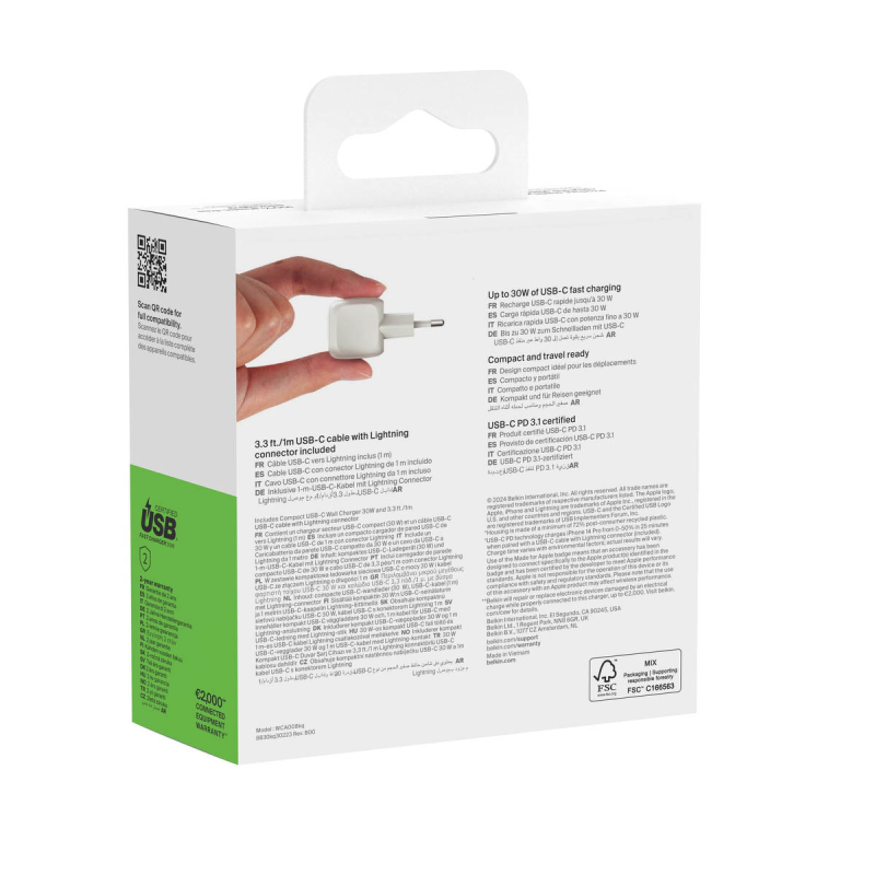 Belkin Ładowarka USB-C PD 30W, mała, biała + kabel Lightning