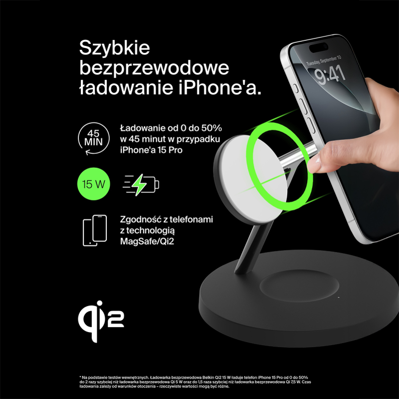 Belkin Stacja do ładowania bezprzewodowego na iPhone, Apple Watch, AirPods, Qi2 15W, czarna