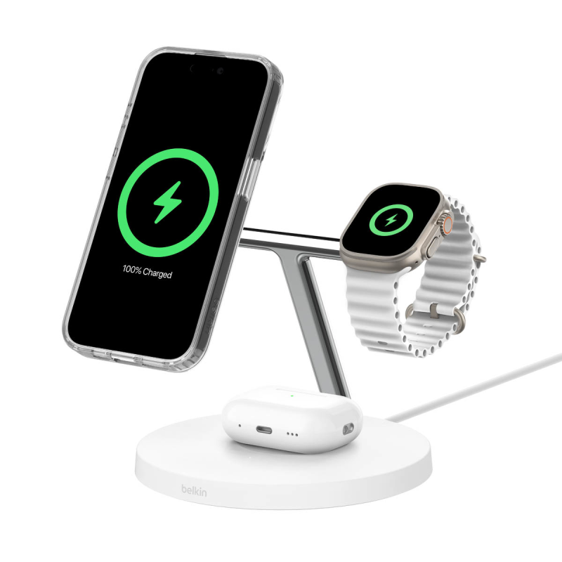 Belkin Stacja do ładowania bezprzewodowego na iPhone, Apple Watch, AirPods, Qi2 15W, biała