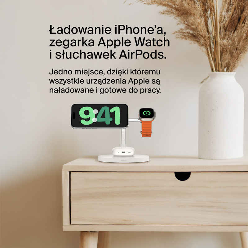 Belkin Stacja do ładowania bezprzewodowego na iPhone, Apple Watch, AirPods, Qi2 15W, biała