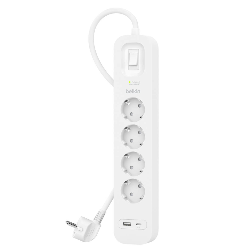 Belkin Listwa zasilająca przeciwprzepięciowa 525J, 4 gniazda Schuko, USB-A, USB-C PD, 2m