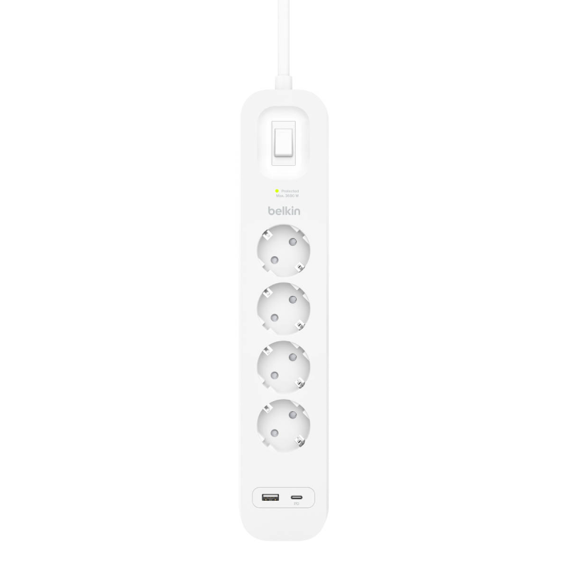 Belkin Listwa zasilająca przeciwprzepięciowa 525J, 4 gniazda Schuko, USB-A, USB-C PD, 2m