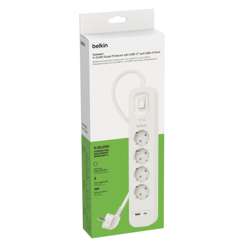 Belkin Listwa zasilająca przeciwprzepięciowa 525J, 4 gniazda Schuko, USB-A, USB-C PD, 2m
