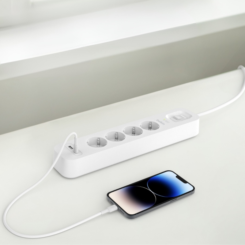 Belkin Listwa zasilająca przeciwprzepięciowa 525J, 4 gniazda Schuko, USB-A, USB-C PD, 2m