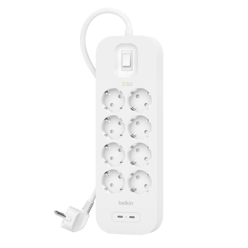 Belkin Listwa zasilająca przeciwprzepięciowa 900J, 8 gniazd Schuko, 2x USB-C PD 30W, 2m