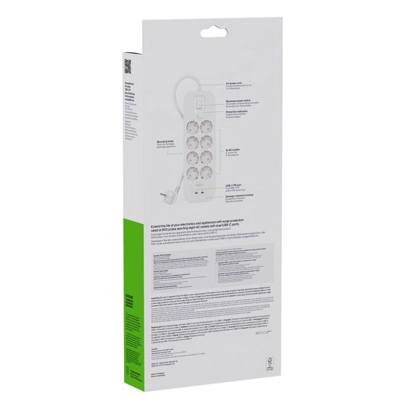 Belkin Listwa zasilająca przeciwprzepięciowa 900J, 8 gniazd Schuko, 2x USB-C PD 30W, 2m