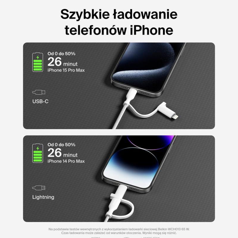 Belkin Kabel 2 w 1 ze złączami USB-C i Lightning, 60W, oplot, 1,5m, biały