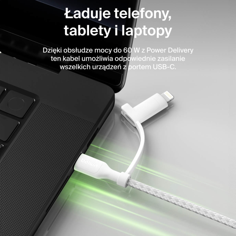 Belkin Kabel 2 w 1 ze złączami USB-C i Lightning, 60W, oplot, 1,5m, biały