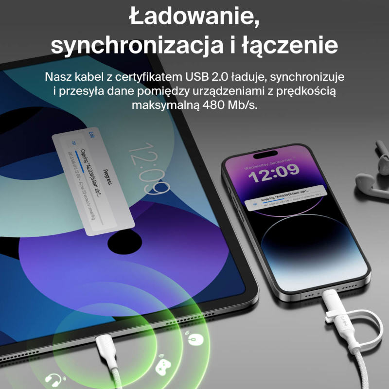 Belkin Kabel 2 w 1 ze złączami USB-C i Lightning, 60W, oplot, 1,5m, biały