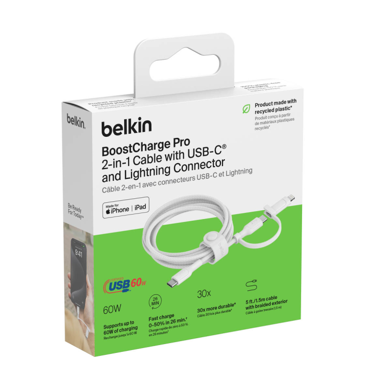 Belkin Kabel 2 w 1 ze złączami USB-C i Lightning, 60W, oplot, 1,5m, biały