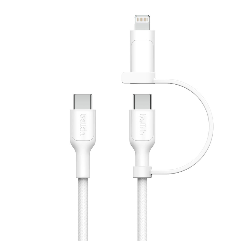 Belkin Kabel 2 w 1 ze złączami USB-C i Lightning, 60W, oplot, 1,5m, biały