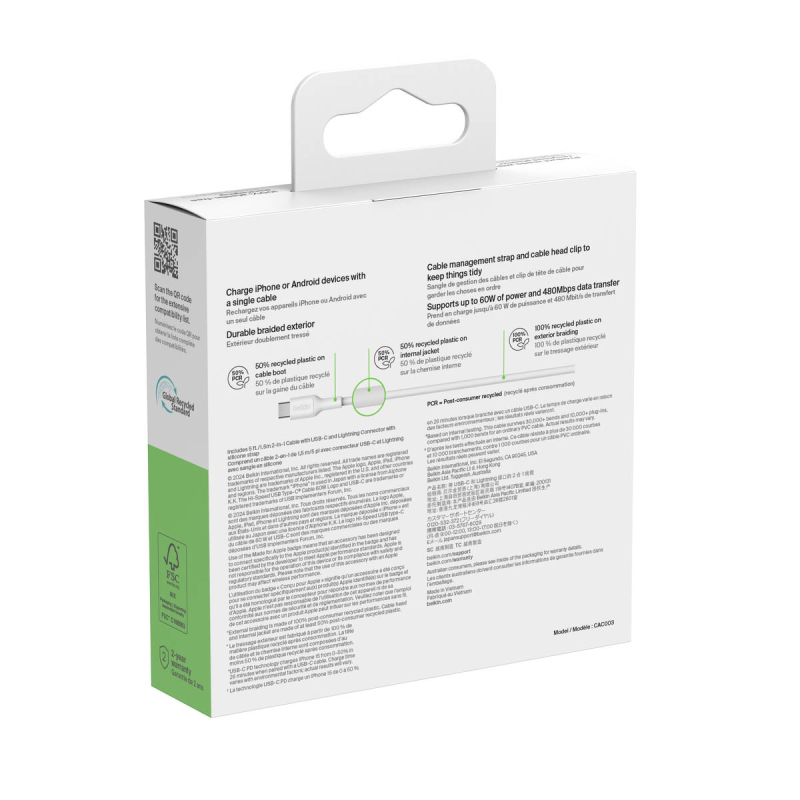 Belkin Kabel 2 w 1 ze złączami USB-C i Lightning, 60W, oplot, 1,5m, biały