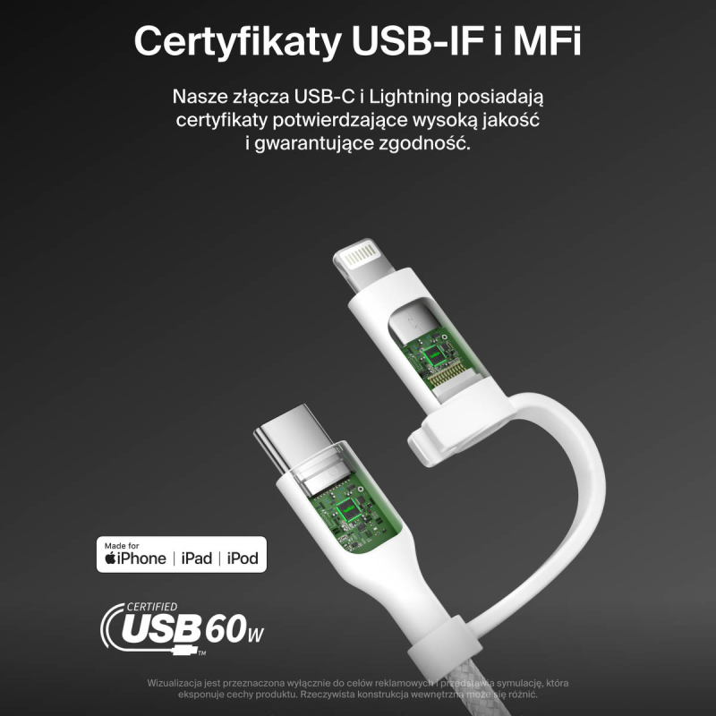 Belkin Kabel 2 w 1 ze złączami USB-C i Lightning, 60W, oplot, 1,5m, biały