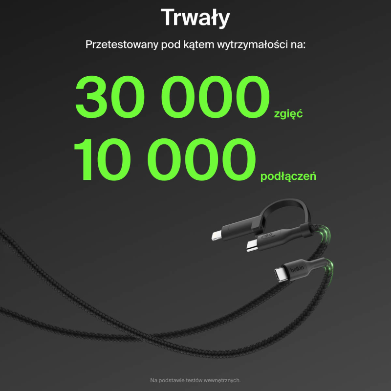 Belkin Kabel 2 w 1 ze złączami USB-C i Lightning, 60W, oplot, 1,5m, czarny