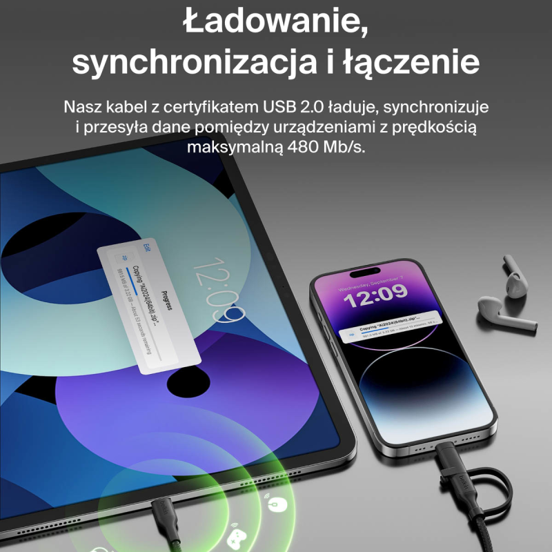 Belkin Kabel 2 w 1 ze złączami USB-C i Lightning, 60W, oplot, 1,5m, czarny