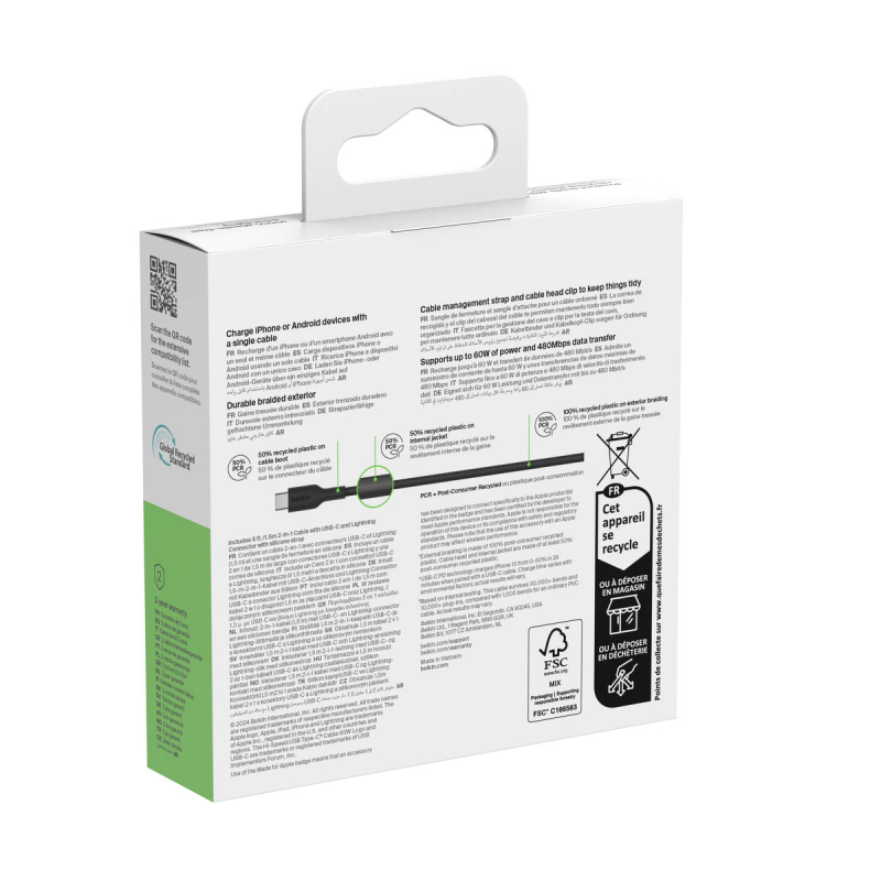 Belkin Kabel 2 w 1 ze złączami USB-C i Lightning, 60W, oplot, 1,5m, czarny