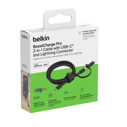 Belkin Kabel 2 w 1 ze złączami USB-C i Lightning, 60W, oplot, 1,5m, czarny