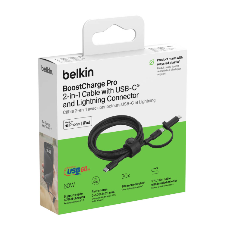 Belkin Kabel 2 w 1 ze złączami USB-C i Lightning, 60W, oplot, 1,5m, czarny