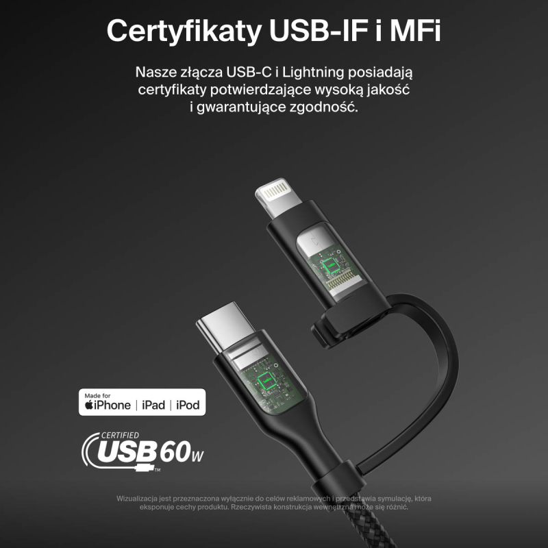Belkin Kabel 2 w 1 ze złączami USB-C i Lightning, 60W, oplot, 1,5m, czarny