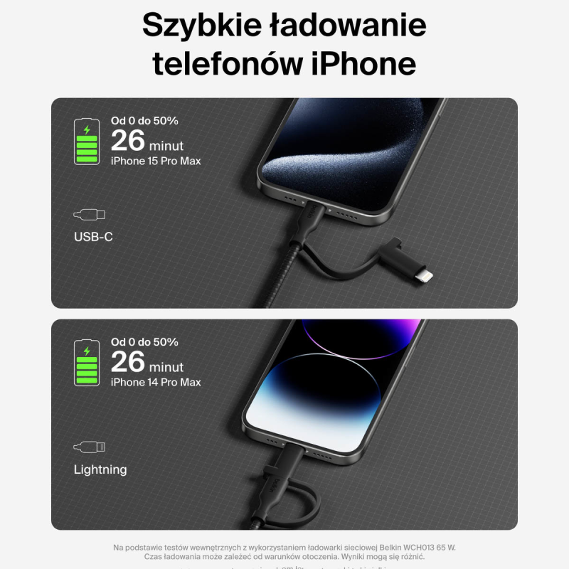 Belkin Kabel 2 w 1 ze złączami USB-C i Lightning, 60W, oplot, 1,5m, czarny