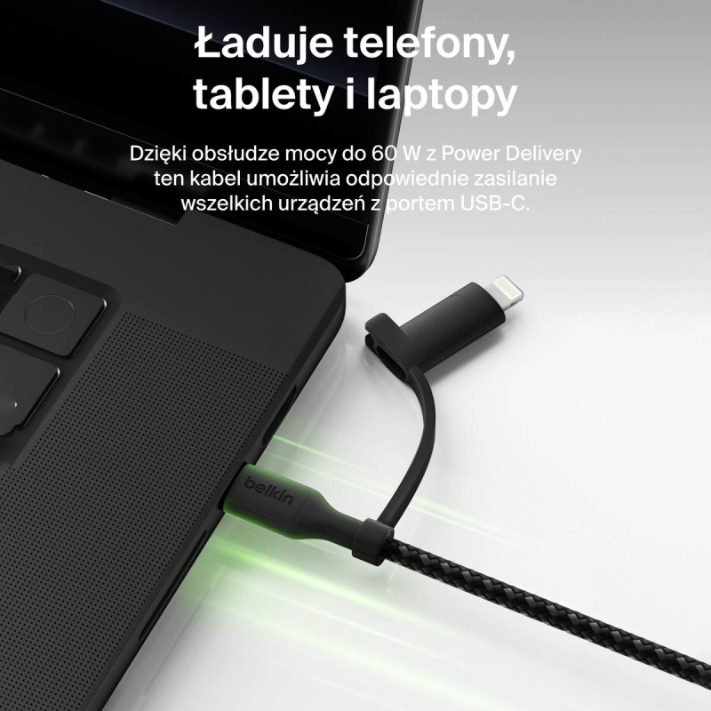 Belkin Kabel 2 w 1 ze złączami USB-C i Lightning, 60W, oplot, 1,5m, czarny