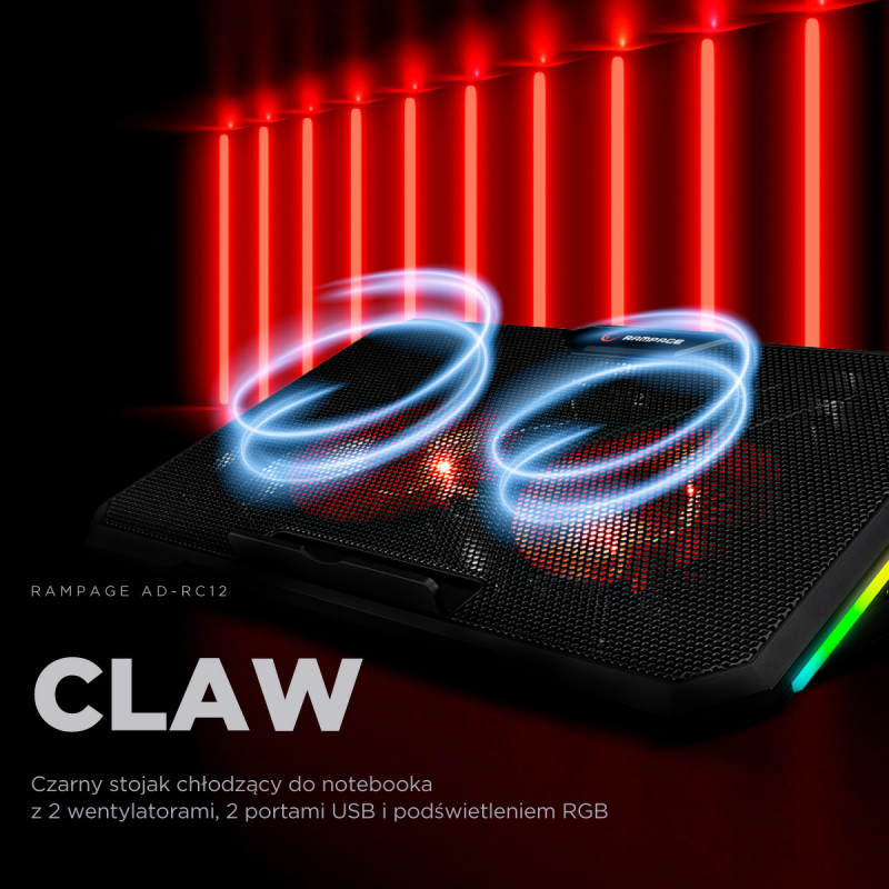 Rampage AD-RC12 CLAW Podstawka chłodząca pod laptop 5-17" RGB regulowana