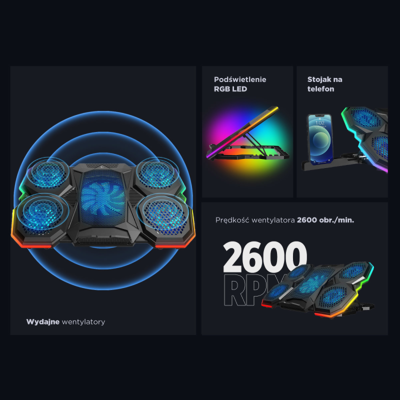 Rampage AD-RC14 X-RANGER Podstawka chłodząca pod laptop 9-17'' RGB regulowana cicha