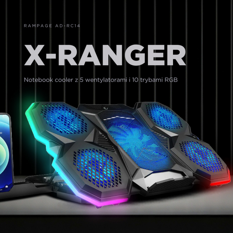 Rampage AD-RC14 X-RANGER Podstawka chłodząca pod laptop 9-17'' RGB regulowana cicha
