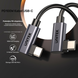 Unitek Kabel USB-C do USB-C, PD, 100W, 90 stopni, 1M