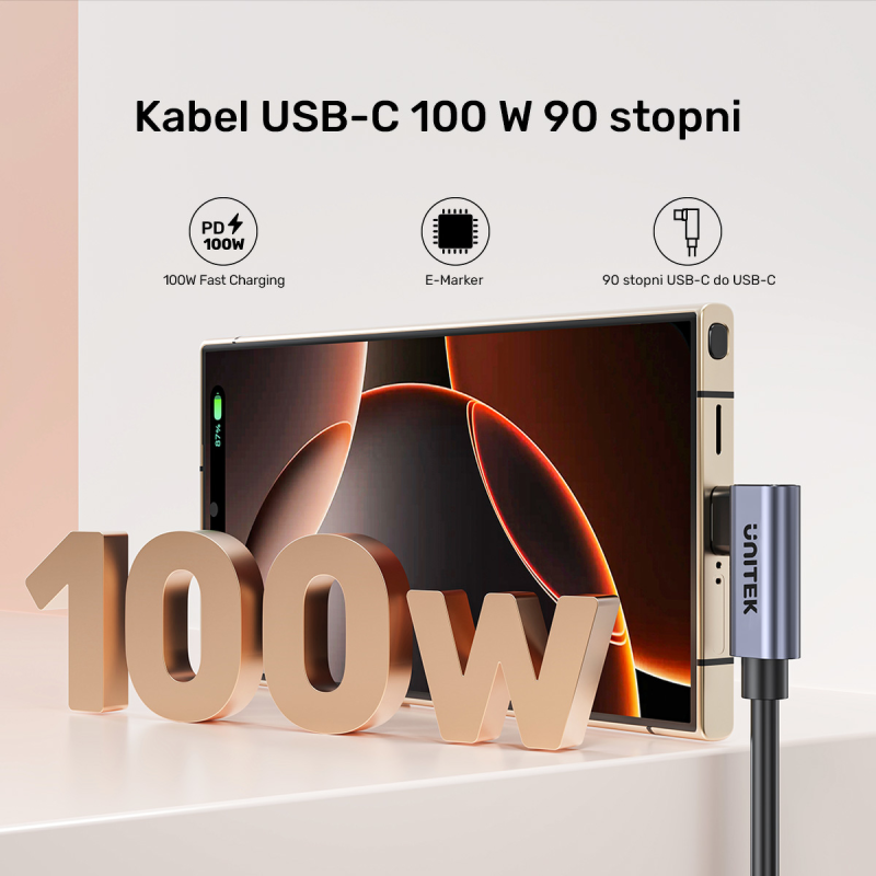 Unitek Kabel USB-C do USB-C, PD, 100W, 90 stopni, 1M