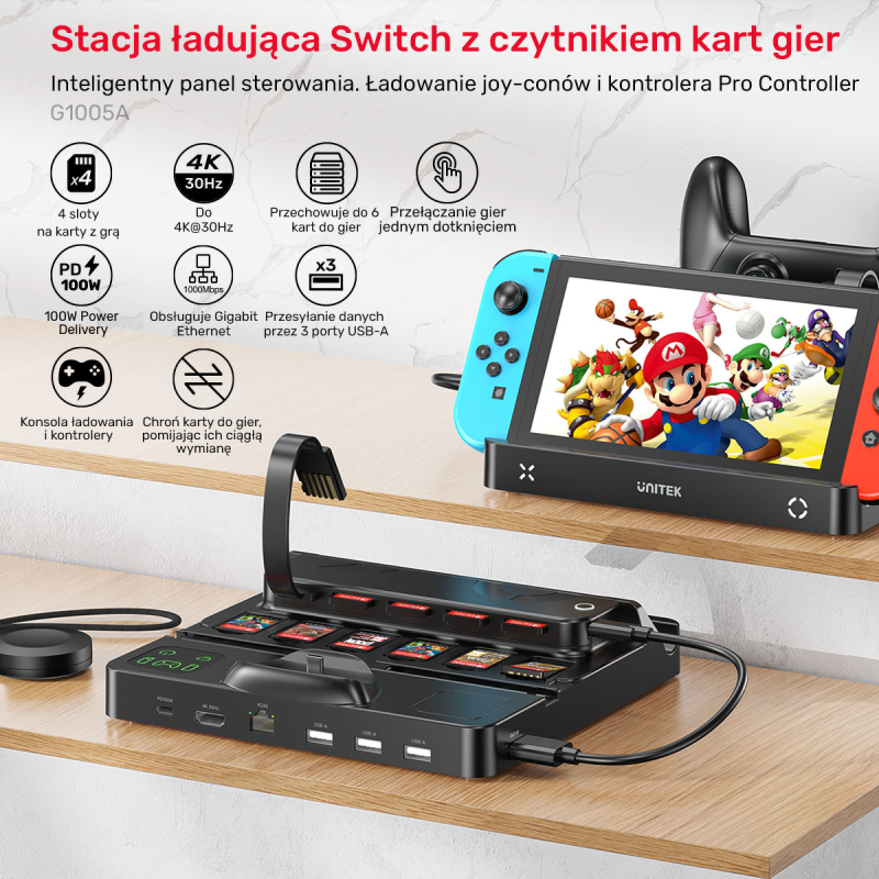 Unitek stacja ładująca Switch z przełącznikiem i czytnikiem kart do gier
