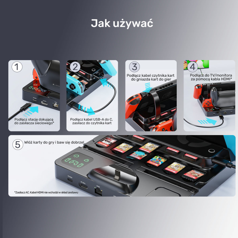 Unitek stacja ładująca Switch z przełącznikiem i czytnikiem kart do gier