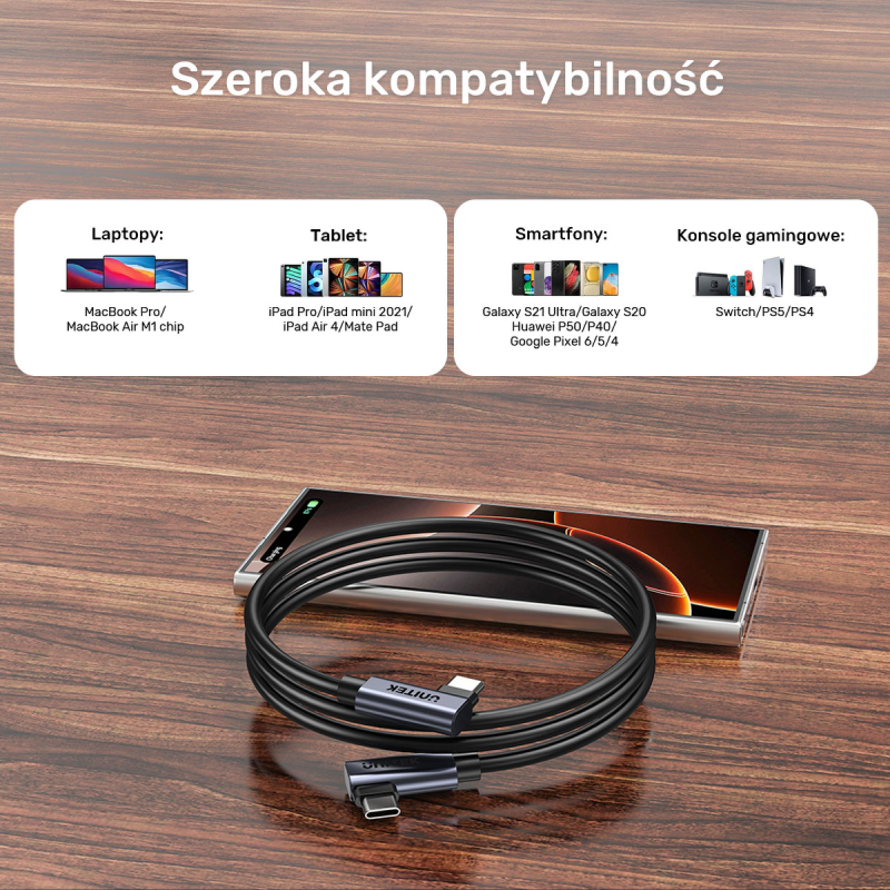 Unitek Kabel USB-C do USB-C, PD, 100W, 90 stopni, 0,5M
