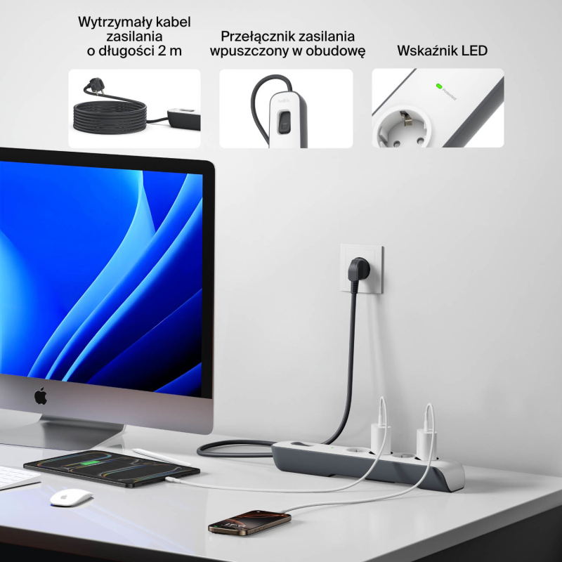 Belkin Listwa zasilająca przeciwprzepięciowa 525J, 4 gniazda Schuko, 2m