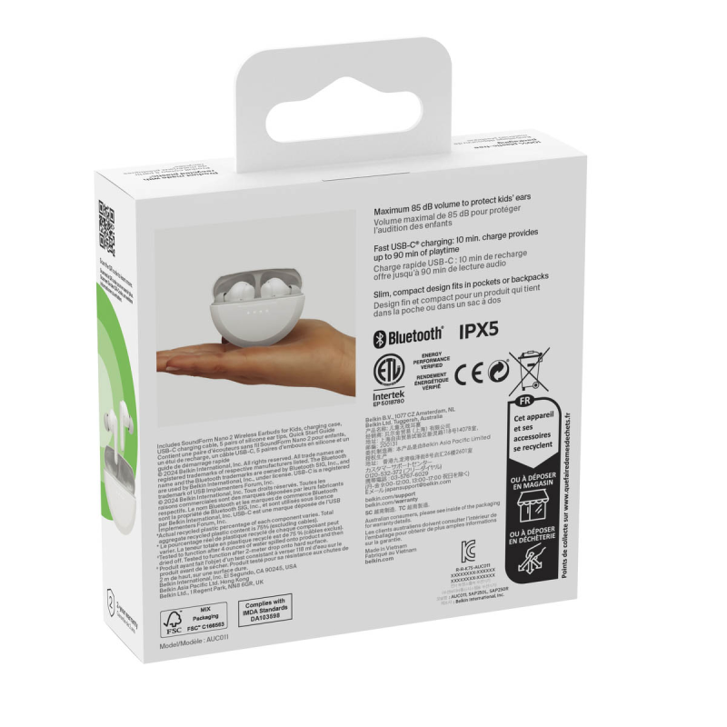 Belkin Bezprzewodowe słuchawki douszne dla dzieci, białe