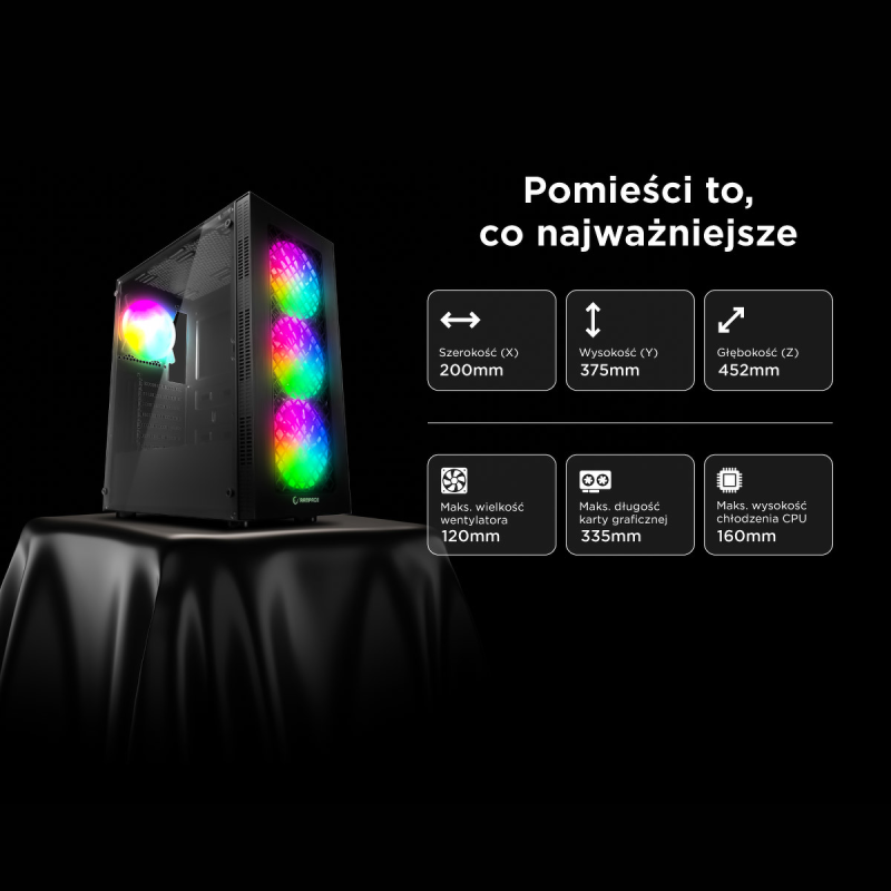 Rampage PLAID V1 Obudowa PC z oknem 4x wentylator 120mm RGB czarna