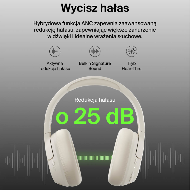 Belkin Słuchawki nauszne z redukcją hałasu, bezprzewodowe, kremowe