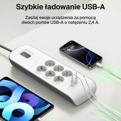 Belkin Listwa zasilająca przeciwprzepięciowa 650J, 6 gniazd Schuko, 2x USB-A, 2m